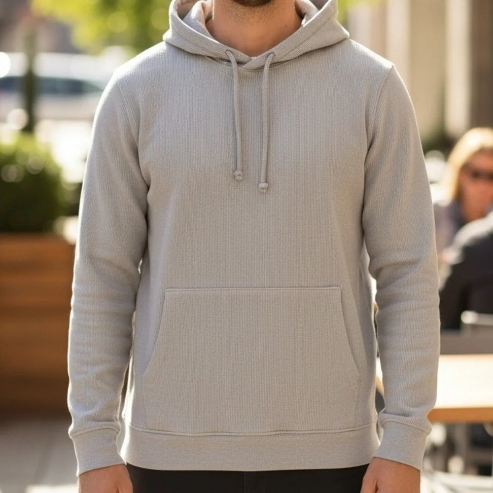 The North Face Mens Waffle Knit Thermal Hoodie Grey Pullover Kangaroo Pocket M‎